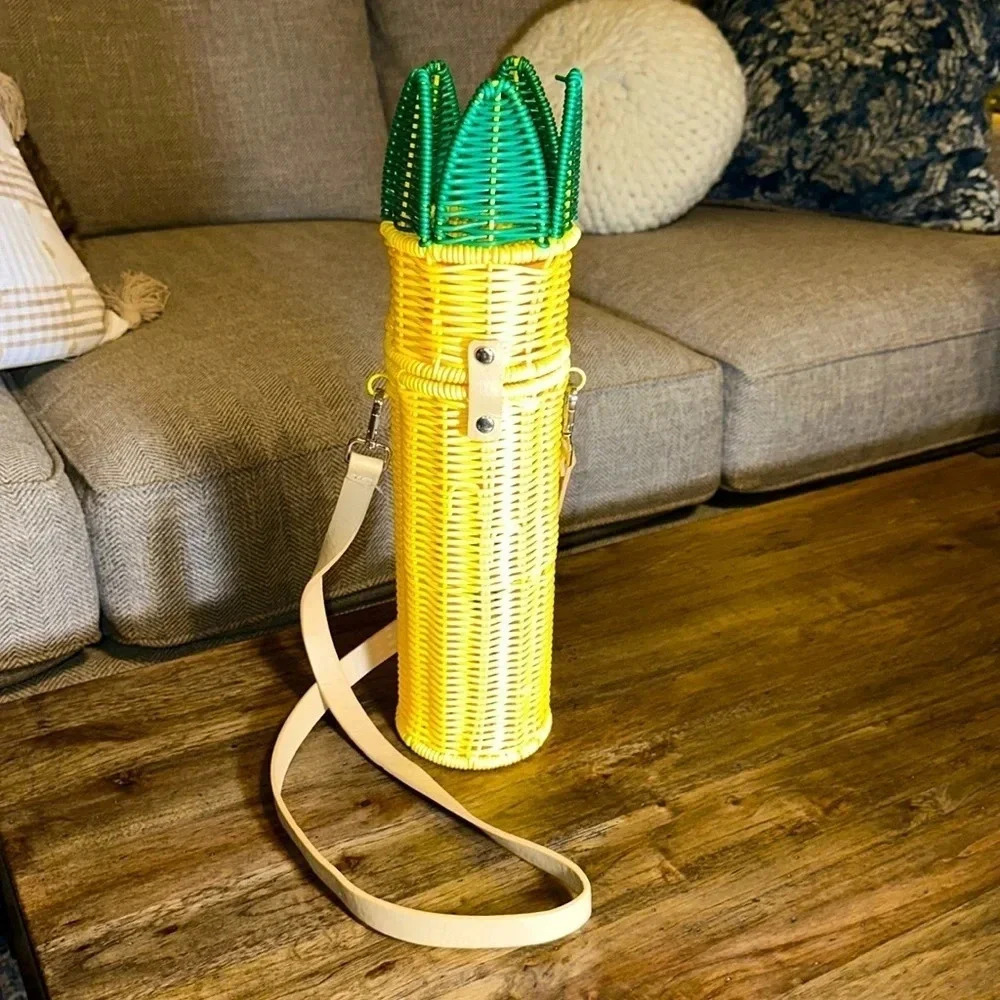 Woven Yellow & Green Crossbody Bottle Bag - Unbranded